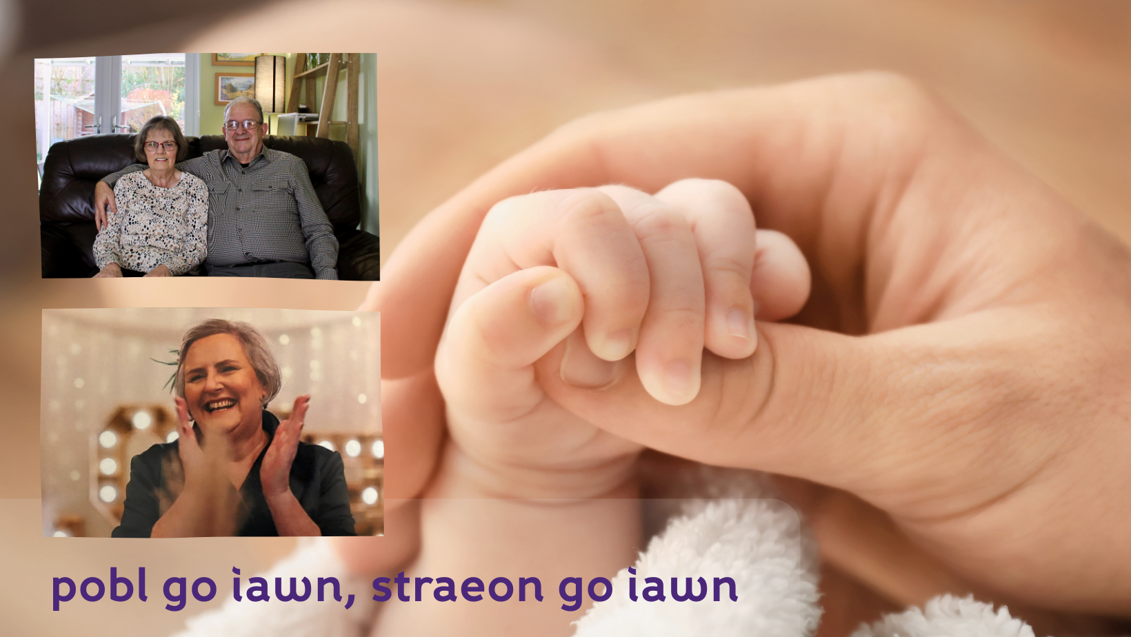 Adult holding a baby hand and photos of three foster carers who talk in the blog