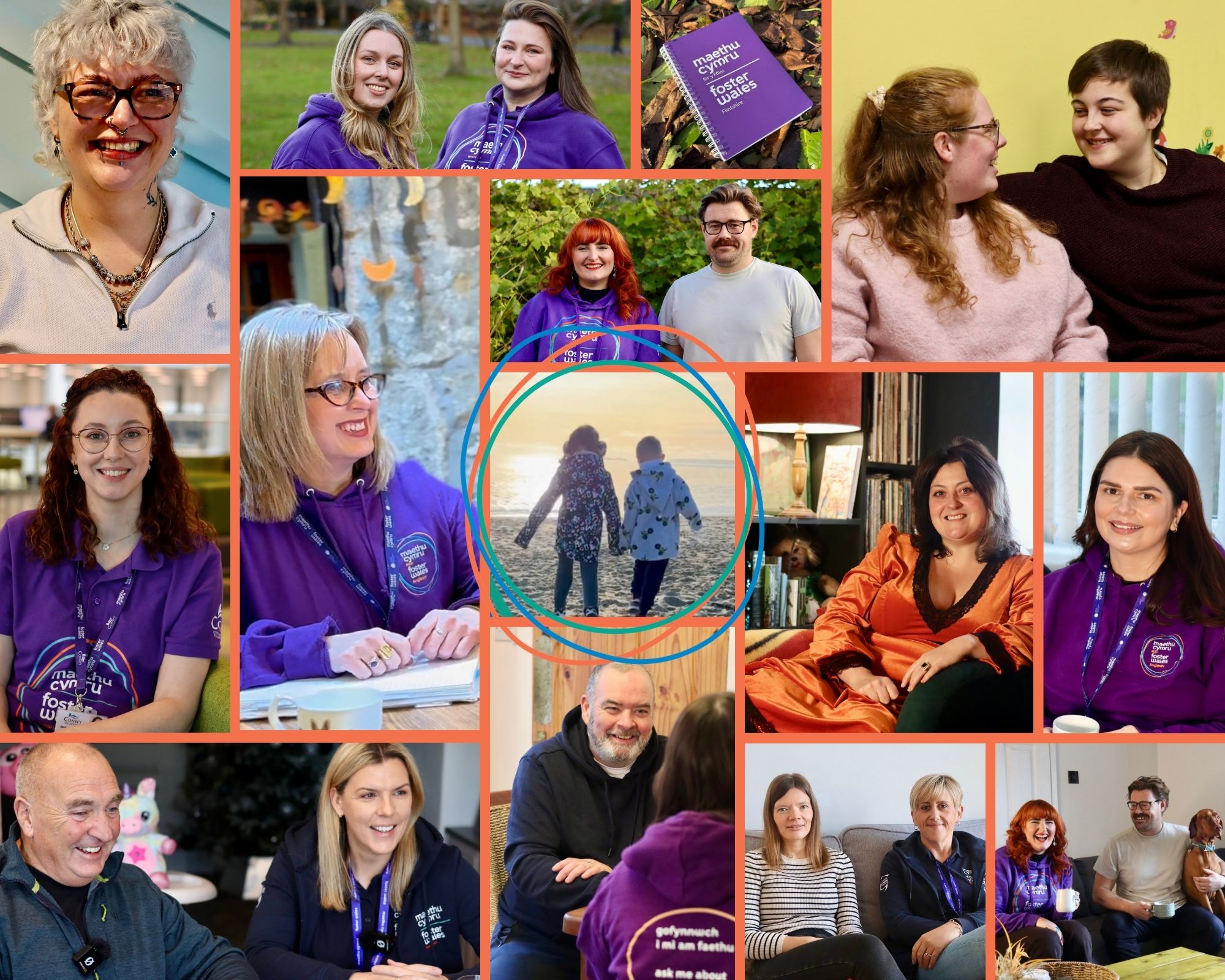 A collage of foster carers and staff surrounded by two young children holding hands on a beach